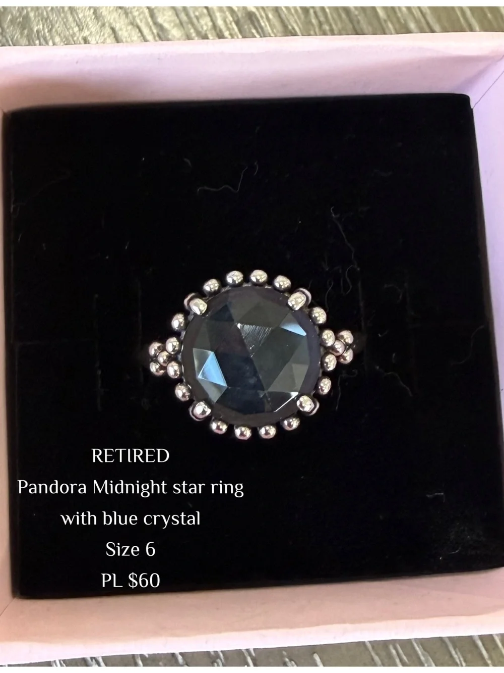 Authentic RETIRED Pandora Silver Ring with Dark Blue Crystal Halo